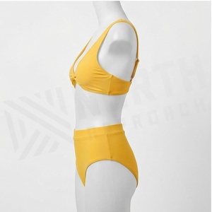 Women Yellow Solid Color Twist Front <b>Bikini</b> <b>Set</b> High Waist Bottom Deep V Neck Spandex Polyester Two Piece Swimwear - Product Image 3