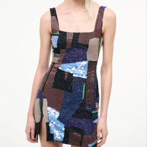Robe mini à rayures multicolores en perles de résine et sequins, sans manches, pour soirée, vêtements de mode bohème, fournisseur de vêtements - Product Image 1