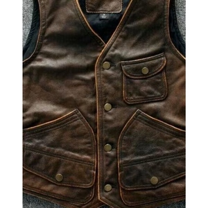 Vintage Brown Genuine Leather <b>Utility</b> <b>Vest</b> with Multi-Pocket Front, Button Closure, V-Neck Design and Classic Workwear Style - Product Image 4
