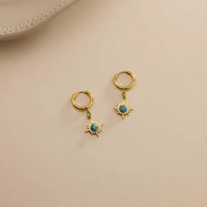Vintage Brass Gold Sunburst <b>Turquoise</b> <b>Hoop</b> <b>Earrings</b>-Celestial Star Charm Dangle <b>Hoops</b>-Boho Blue Stone Jewelry Gift - Product Image 5