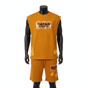 Conjunto deportivo de verano sin mangas para hombre, tela suave de algodón y poliéster, paneles con logo transferido por calor, conjunto de camiseta sin mangas y pantalones cortos para hombre - Product Image 6