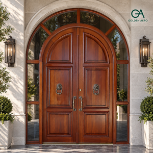 Puerta de Entrada Doble de Madera Sólida Arqueada de Lujo con Paneles Laterales y Travesaño de Vidrio para Villas Personalizadas GA-39S - Product Image 5