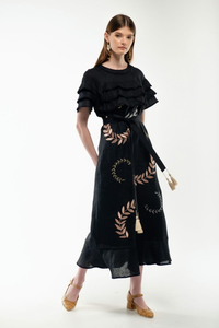 Bohemian <b>Black</b> Cotton Embroidered Midi Dress Women Ruffle Sleeve Floral Vintage Ethnic <b>Wrap</b> Style Dress - Product Image 5
