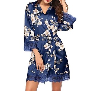 Women Elegant Floral Lace Robe <b>Satin</b> Kimono Bridal Sleepwear Sheer Lingerie Wedding Dressing Gown - Product Image 3