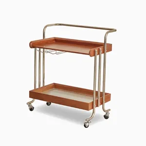 Carrito de Servicio Moderno de Madera con Estructura Metálica y Ruedas, Carrito de Bar Rectangular de Dos Niveles, Carrito de Cocina Móvil para el Hogar - Product Image 1
