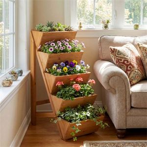 Jardinière Verticale à 5 Niveaux avec Support en PP et Échelle en Bois de Pin pour Légumes, Herbes et Fleurs - Product Image 6