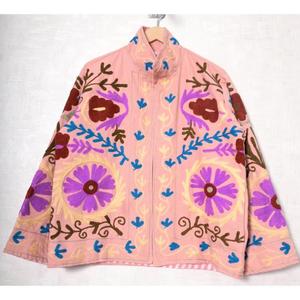 Pink Floral Embroidered Cotton <b>Jacket</b> <b>Mandarin</b> <b>Collar</b> Full Sleeve Handmade Ethnic Style Spring Wear - Product Image 5
