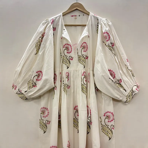 Vestido Casual Midi de Algodón Tejido con Estampado Floral para Mujer, Mangas Abullonadas, Cintura Imperio, Estilo Babydoll, Cuello en V, Corte Holgado - Product Image 4