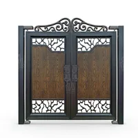 Portail Principal Moderne de Luxe en Fer Forgé avec Panneaux Décoratifs en Métal et Finition Bois, Portail d'Entrée Résidentiel Élégant