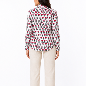 Camisa Casual de Mujer con Estampado Floral, Hecha a Mano con Técnica de Bloqueo, 100% Algodón Cambray, Cuello con Botones, Transpirable, Lavable, Color Rojo Verano - Product Image 2