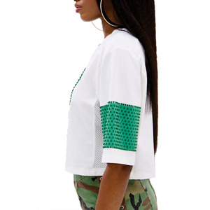Women’s Rhinestone Number Graphic Crop Jersey Custom Mesh <b>Patchwork</b> Streetwear Oversized Fashion Tee American Football Jersey - Product Image 3
