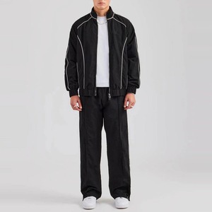 Wholesale Trendy Breathable Nylon Polyester Unisex Windbreaker Set Men's Reflective Piping <b>Jacket</b> Hooded Summer Jogging Wear - Product Image 2