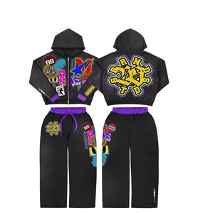 Ensemble de survêtement unisexe léger imprimé délavé à l'acide TAHAD 2026 avec sweat à capuche zippé et pantalon de jogging évasé pour le sport - Product Image 2