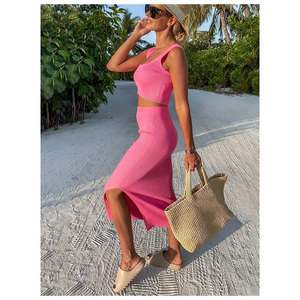 Conjunto de Dos Piezas de Verano para Mujer, Estilo Urbano, Estampado Vintage, Top Corto sin Tirantes, Minifalda con Cordón Ajustable - Product Image 6