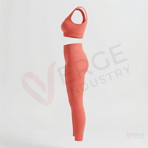 <b>Women</b> Coral Ribbed <b>Seamless</b> Yoga 2 Piece Set Scoop Neck Crop Top High Waist Full Length <b>Leggings</b> - Product Image 3