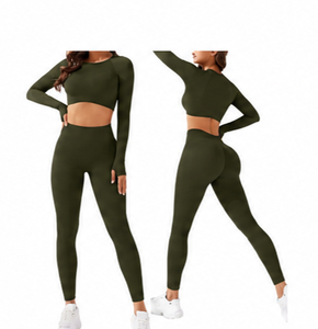 2026 New Design Women's 2 Piece Solid Long Sleeve Quick Dry Spandex/Nylon <b>High</b>-Waisted Yoga Set Activewear Pilates Gym Fitness - Product Image 2