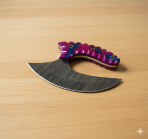 Cuchillo Ulu Exótico y Raro con Mango de Madera Trenzada Azul Magenta, Hoja de Damasco de 6.25 Pulgadas con Funda de Cuero y Soporte de Madera Hecho a Mano - Product Image 6
