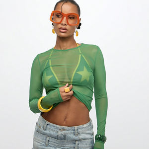 Camiseta de malla de manga larga para mujer, de alta calidad, sexy, de color liso, con cuello redondo, ajustada, 100% algodón, transpirable, primavera 2026 - Product Image 1