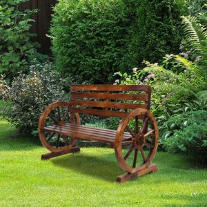Banc rustique en bois en forme de roue de chariot pour deux personnes avec assise et dossier à lattes, marron - Product Image 2