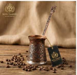 Embossed Floral Pattern Copper Turkish <b>Coffee</b> Pot Wooden Handle Traditional <b>Stovetop</b> Cezve Ibrik <b>Maker</b> - Product Image 3