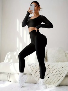 Seamless 2 Piece <b>Workout</b> Set Women Ribbed Long Sleeve Crop Top Thumbhole and High Waist Scrunch Butt Lift Leggings Yoga Outfit - Product Image 4