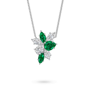 Collar con colgante de flor con diamantes de corte marquesa y esmeraldas en plata 925 con cadena de caja chapada en rodio para mujer, estilo de lujo. - Product Image 2