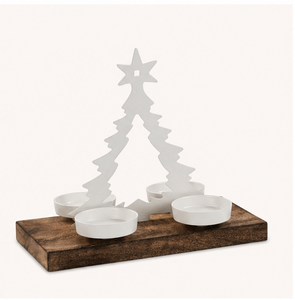 Porte-bougie chauffe-plat moderne en métal blanc pour sapin de Noël, base en bois naturel, 4 coupelles, écologique, durable, décoration d'intérieur - Product Image 2