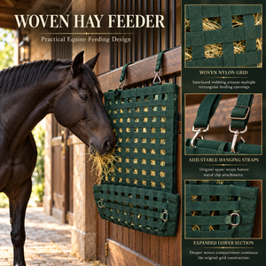 Bolsa de Heno para Caballos de Nailon Tejido Verde con Correas Ajustables para Colgar |   Soporte para Heno de Establos Ecuestres con Rejilla de Alimentación de Malla Abierta - Product Image 5