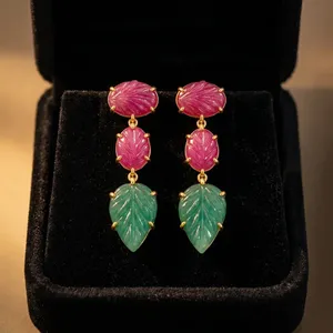Ruby with Green Jade Leaf Carving Gemstone Brass <b>Earring</b> 18k <b>Gold</b> Plated Bohemia Style Women's Statement Jewelry Drop <b>Earrings</b> - Product Image 5