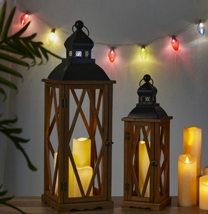 Wooden Candle <b>Lantern</b> Set Diamond Lattice Vintage Pillar Holder with Metal Roof Decorative Rustic <b>Hurricane</b> Lamp Home Decor - Product Image 2