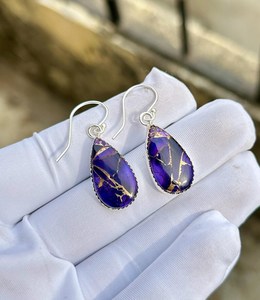 Boucles d'oreilles pendantes en cuivre violet et turquoise, en argent sterling 925, bijoux minimalistes avec pierres précieuses, cadeau - Product Image 3