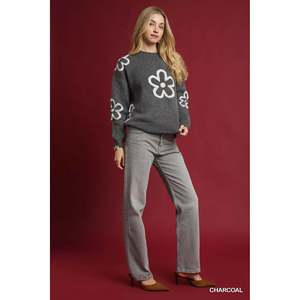 เสื้อสเวตเตอร์คอกลมสีชาร์โคลสำหรับผู้หญิงยี่ห้ออุมกีไซส์ S พร้อมลายดอกไม้สุดหรู - Product Image 2