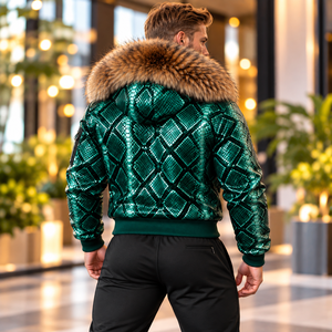 Men's Python Leather Motorcycle Outerwear <b>Fur</b> <b>Hood</b> Winter Fashion Zip <b>Jacket</b> | Herren Lederjacke | Chaqueta Hombre Cuero - Product Image 6