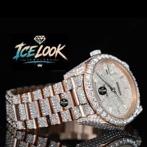 Reloj Mecánico con Aspecto de Hielo en Tono Oro Rosa, Incrustaciones de Diamantes, Esfera con Números Romanos, Brazalete de Eslabones, Reloj de Pulsera Elegante - Product Image 3