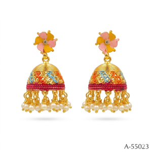 Pendientes de Aleación con Baño de Oro de 22K y Piedra de Coral, Pendientes Jhumka de Diseño Moderno para Novias y Fiestas 55023 - Product Image 1