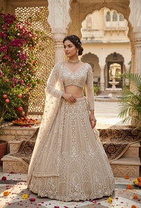 Elegante Conjunto de Lehenga Nupcial Bordado en Color Marfil con Choli y Dupatta, Material de Red de Secado Rápido, Largo hasta el Suelo, Ideal para Bodas y Fiestas - Product Image 1