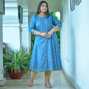 Kurta Anarkali de Algodón Color Verde Azulado, Talla Grande para Mujer, Estampado Floral Dorado, Cuello Redondo, Mangas Tres Cuartos, Ropa Casual para Fiesta - Product Image 4