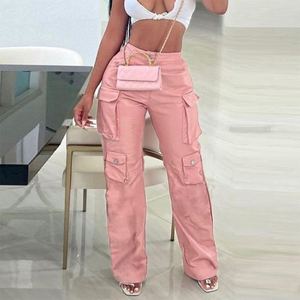 Pantalones Cargo de Mujer de Cintura Alta Rosa, Tejidos, de Pierna Ancha, con Múltiples Bolsillos, Cierre de Botones, Casuales, Largos, con Bloques de Color - Product Image 4