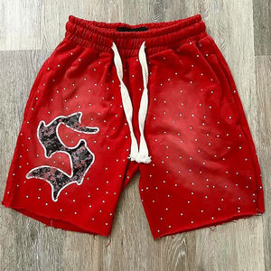 Shorts en gros pour hommes, en coton molletonné, style jogging français, avec strass, logo sérigraphié, poche, délavé à l'acide, vintage - Product Image 5