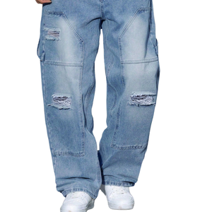 Jeans de Mezclilla para Hombre, Corte Holgado, Estilo Desgastado, Vintage, Lavado a la Piedra, Casual, Streetwear, Moda Premium, Color Sólido, 100% Algodón - Product Image 5