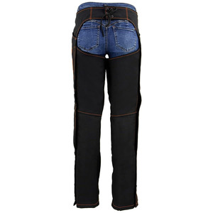 Samroz Sports Women's Motorcycle <b>Riding</b> <b>Chaps</b> Leather Seamless Customizable Embroidered Floral Design Black Denim Panel Pants - Product Image 2