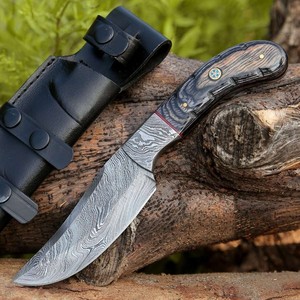 Couteau de chasse et de camping à lame fixe en acier Damas, manche en bois Pakka, lame de 4,5 pouces, longueur totale de 9 pouces, fabrication directe d'usine, OEM/ODM disponible - Product Image 1