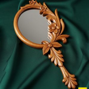 Miroir à main en bois vintage classique avec cadre décoratif, miroir de maquillage portable pour salle de bain et coiffeuse - Product Image 6