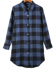 Vestido Camisero Largo a Cuadros Azul y Negro Personalizado para Mujer, Estilo Túnica Casual con Botones, Holgado y Suave de Algodón y Lino - Product Image 1