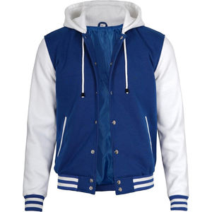 <b>Men's</b> Royal Blue Varsity <b>Jacket</b> Hooded Button Closure <b>White</b> Sleeve Solid Color Casual Style Autumn Wear Regular Fit Satin Lining - Product Image 1