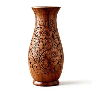 Handcrafted Wooden Flower <b>Vase</b> Decorative Carved Floral Design Tabletop Home Decor - Product Image 1