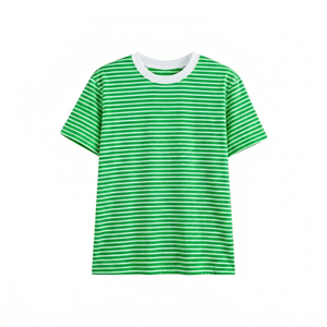 T-shirt rayé vert et blanc 100 % coton, col rond, manches courtes, décontracté, tissu doux et respirant, style streetwear pour l'été - Product Image 1