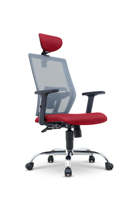 Chaise de bureau ergonomique moderne en maille, siège rouge, base chromée, accoudoirs réglables, appui-tête fixe, pivotante, manuelle, mobilier de bureau robuste