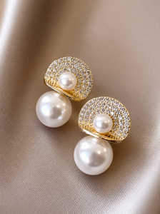 Luxury Gold Plated Pearl <b>Stud</b> Drop <b>Earrings</b> <b>Crystal</b> Pave Fan Design Orthodox Trendy Elegant Jewelry Women Party Gift - Product Image 2