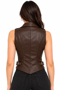Women's Brown Leather Moto Vest Custom <b>Biker</b> <b>Waistcoat</b> Asymmetrical Zip Sleeveless Streetwear Fashion Motorcycle Leather Vest - Product Image 2